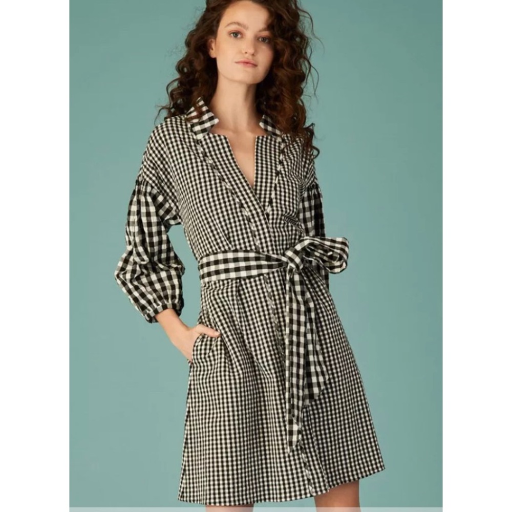 TANYA TAYLOR Rio Gingham Shirt Dress Puff Sleeves Button Front Size 4